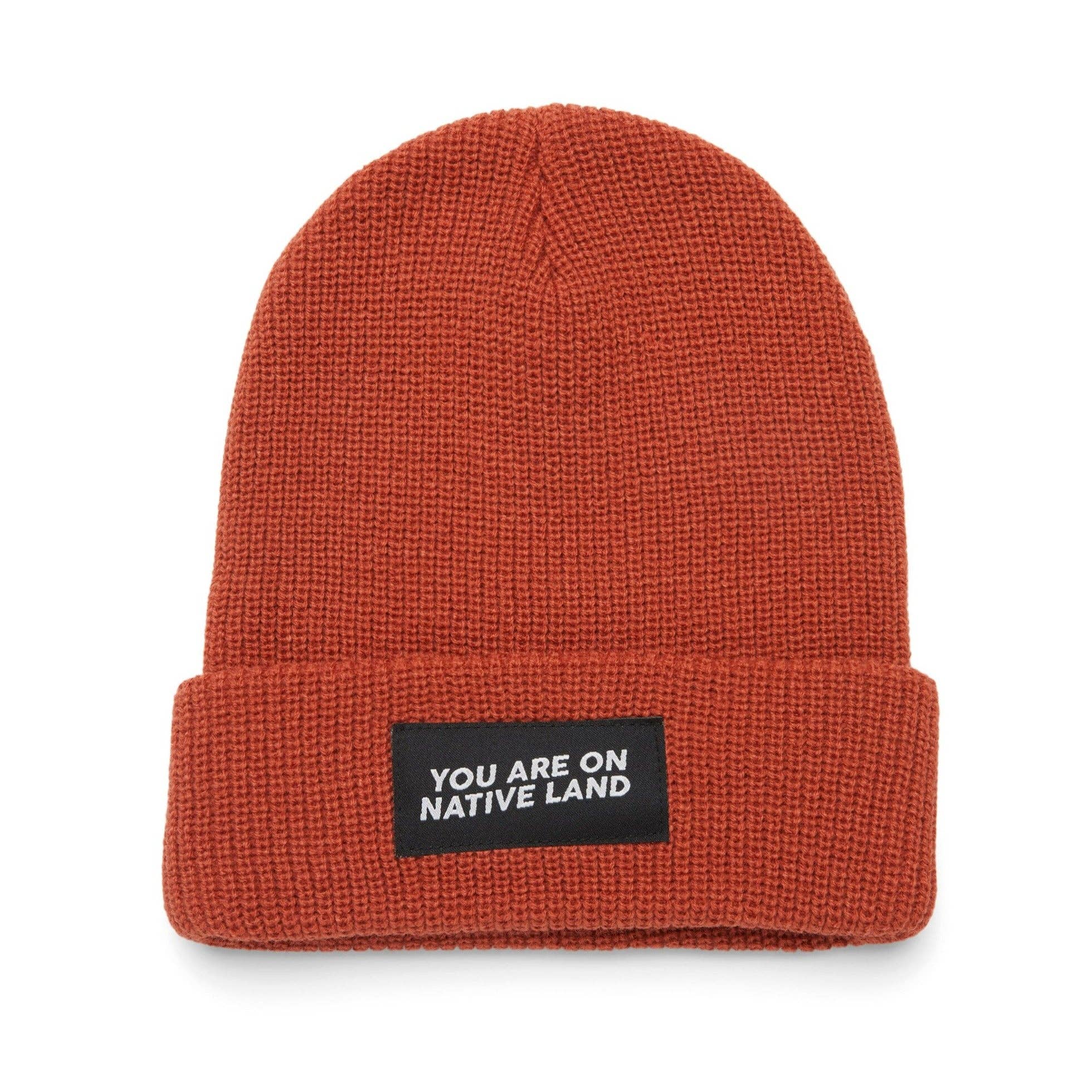 'YOU ARE ON NATIVE LAND' RIBBED BEANIE - REDWOOD